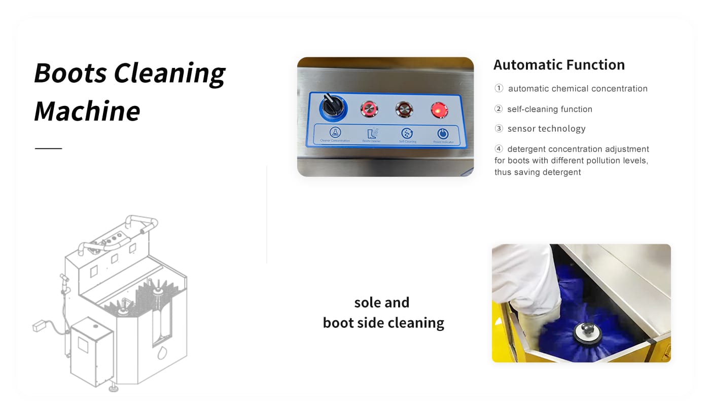 Close-up of Food Factory Boot Washer PBW-31W brush rolls and auto-sensor activation